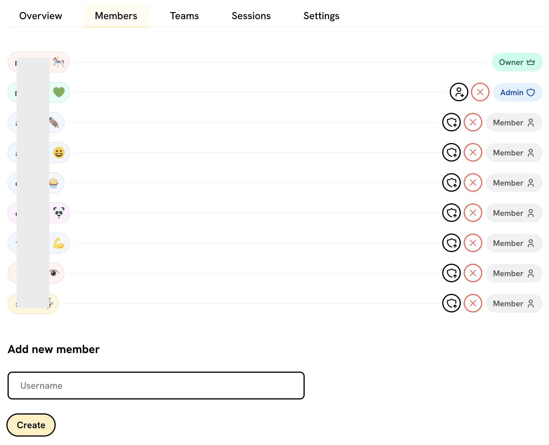 Screenshot of member management